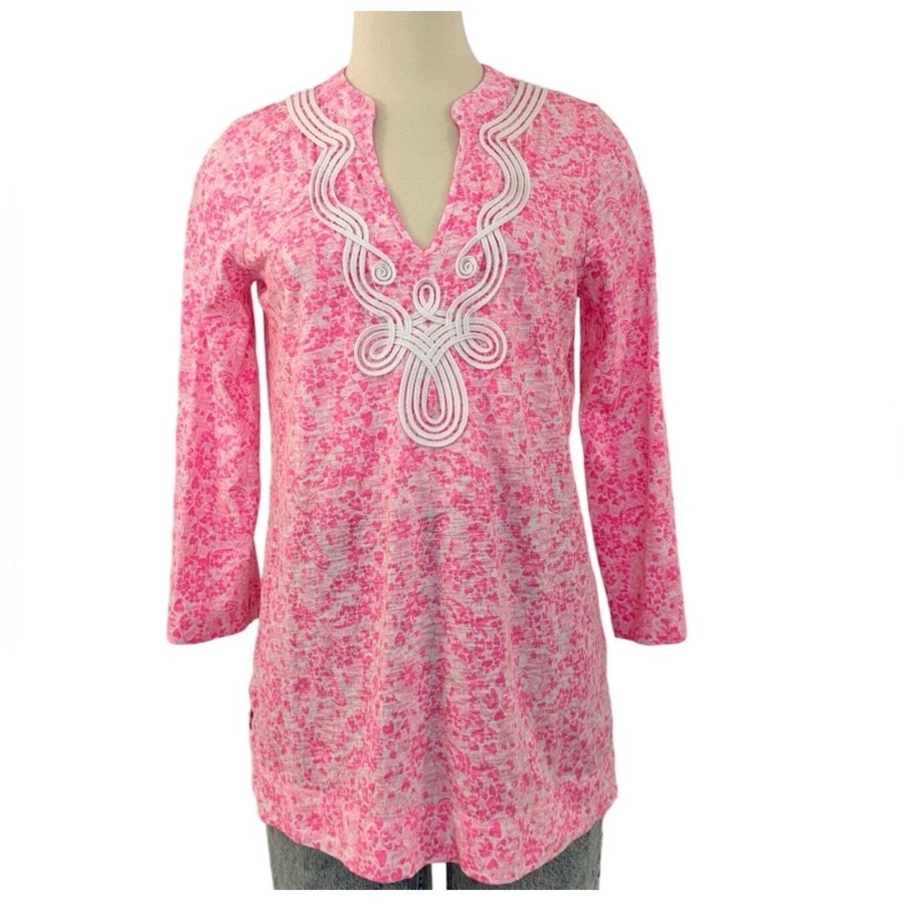 Lilly Pulitzer Kaia Knit Tunic Pink  “Invest A Gator”Floral print Cotton EUC M